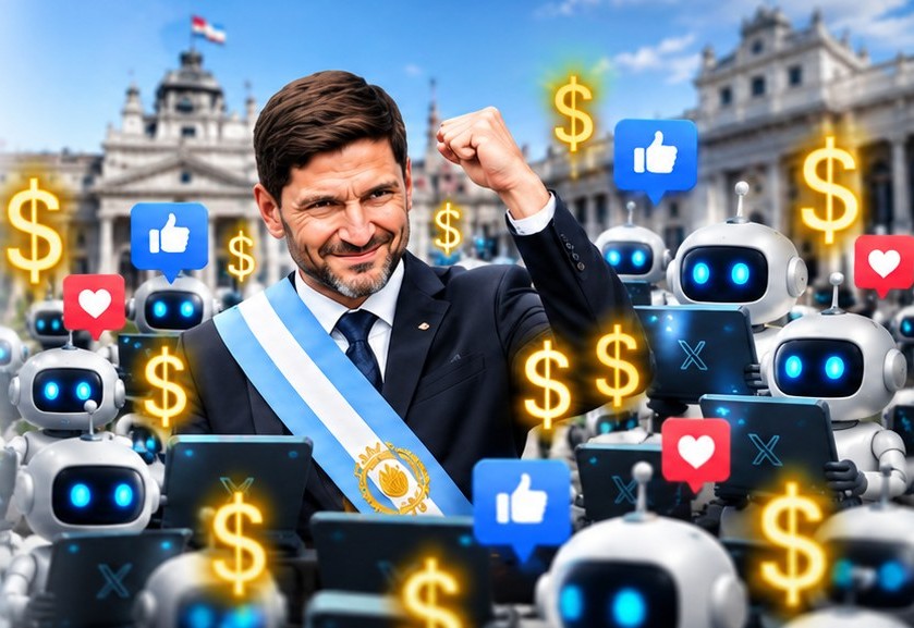 Ilustración: Maximiliano Pullaro con la banda de gobernador, rodeado de robots con computadoras, signos de dólar, likes y corazones, frente a la Casa de Gobierno.